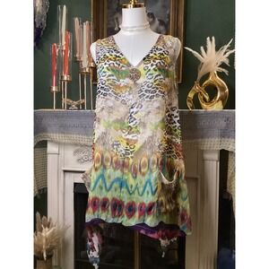 Mirror Image Women Leopard Peacock Print Tunic Top Handkerchief Hem L Large